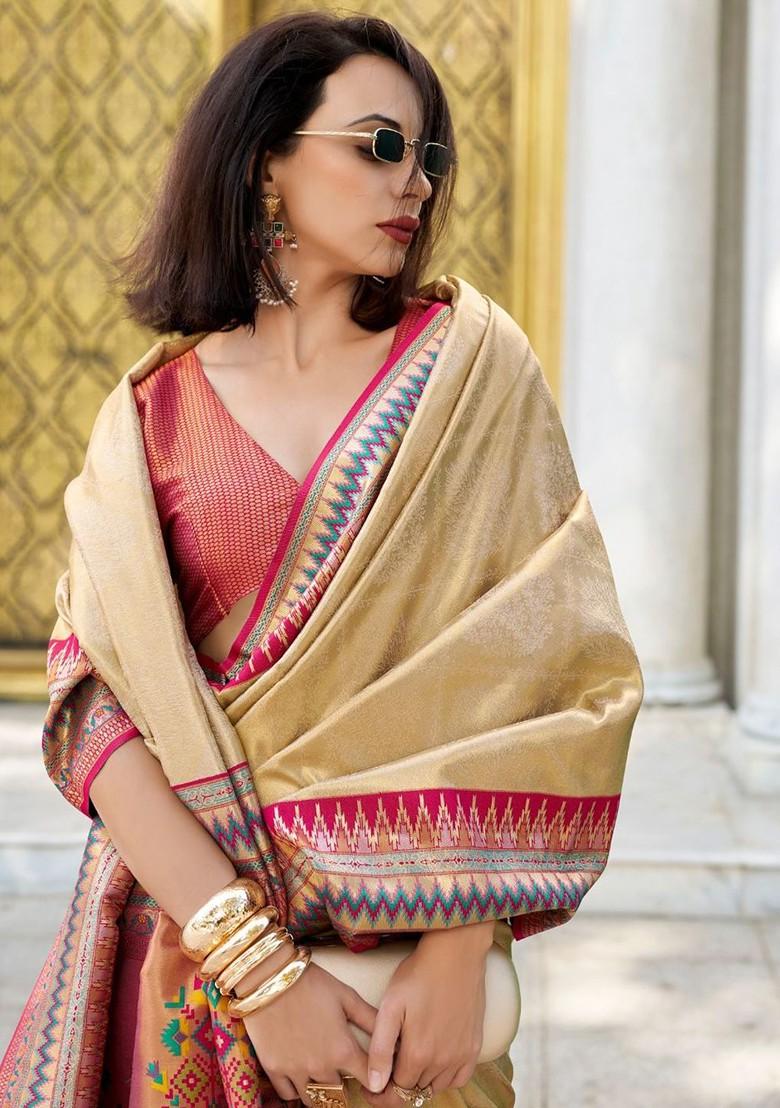 Beige Woven Design Poly Blend Saree Set With Blouse
