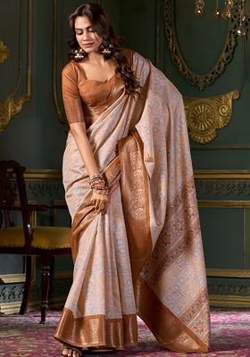 Brown Embroidered Poly Blend Saree Set With Blouse