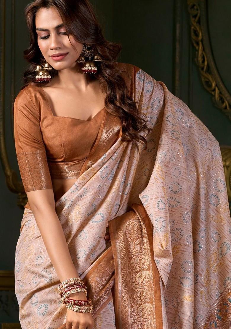 Brown Embroidered Poly Blend Saree Set With Blouse