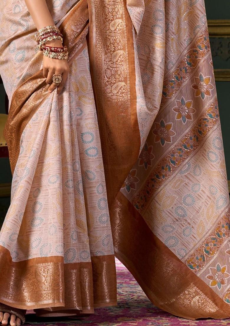 Brown Embroidered Poly Blend Saree Set With Blouse