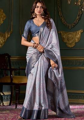 Grey Embroidered Poly Blend Saree Set With Blouse