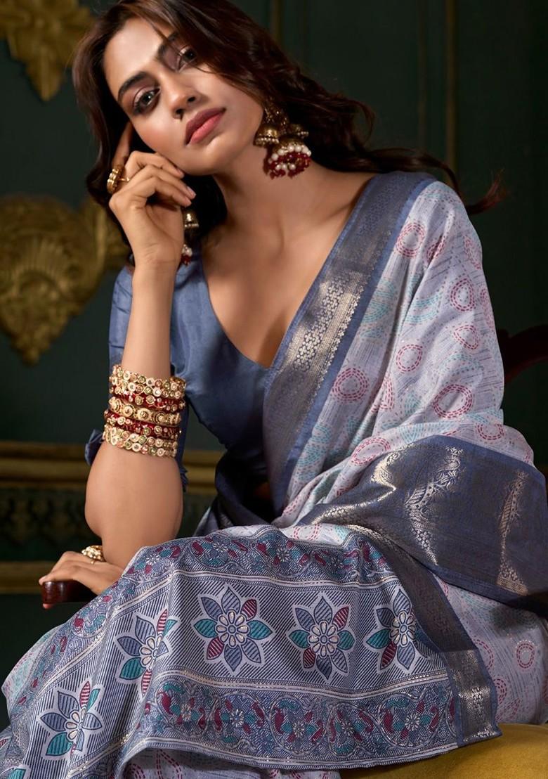 Grey Embroidered Poly Blend Saree Set With Blouse