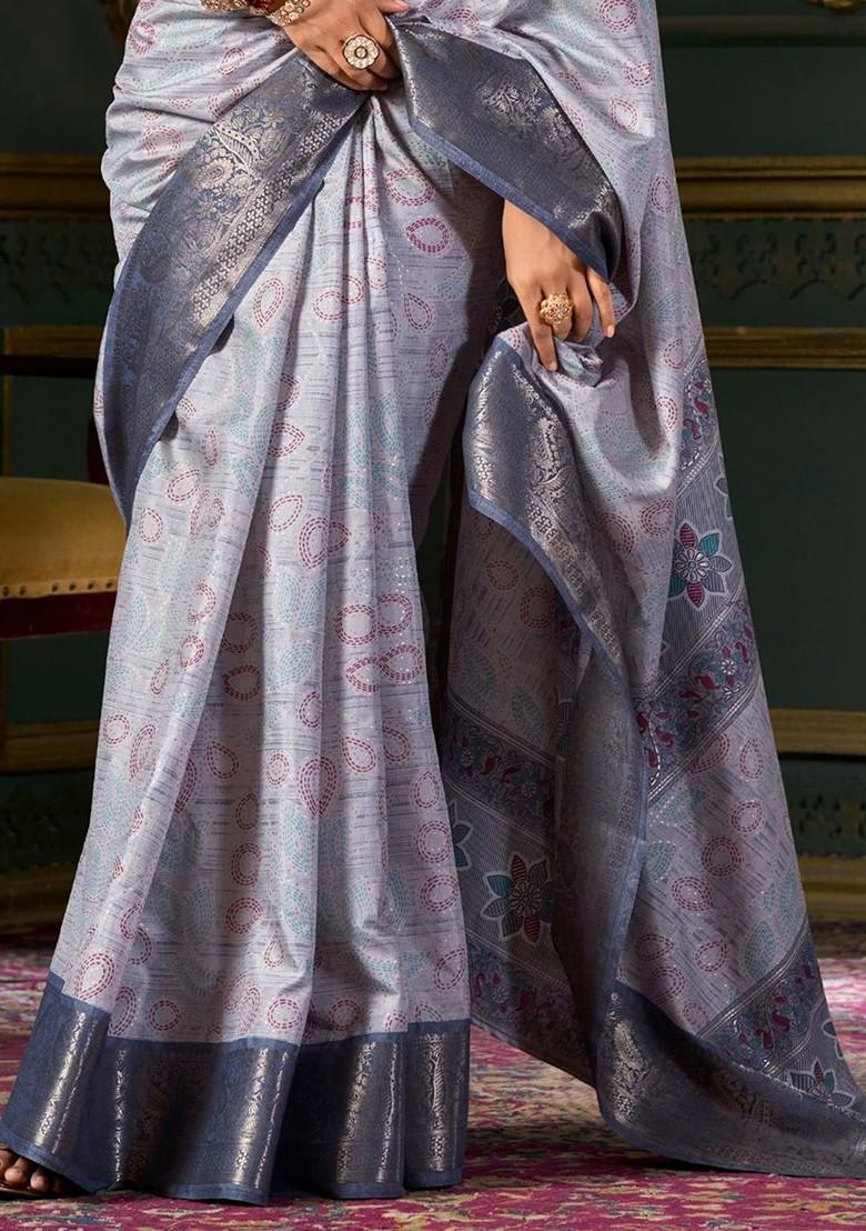 Grey Embroidered Poly Blend Saree Set With Blouse