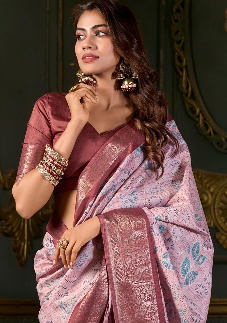 Coffee Brown Embroidered Poly Blend Saree Set With Blouse