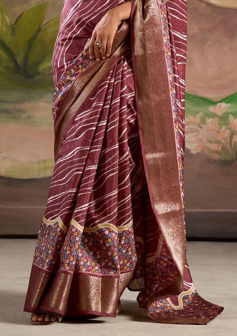 Mauve Embroidered Poly Blend Saree Set With Blouse