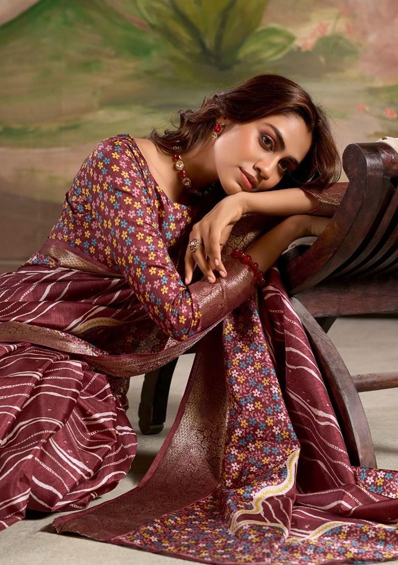 Mauve Embroidered Poly Blend Saree Set With Blouse