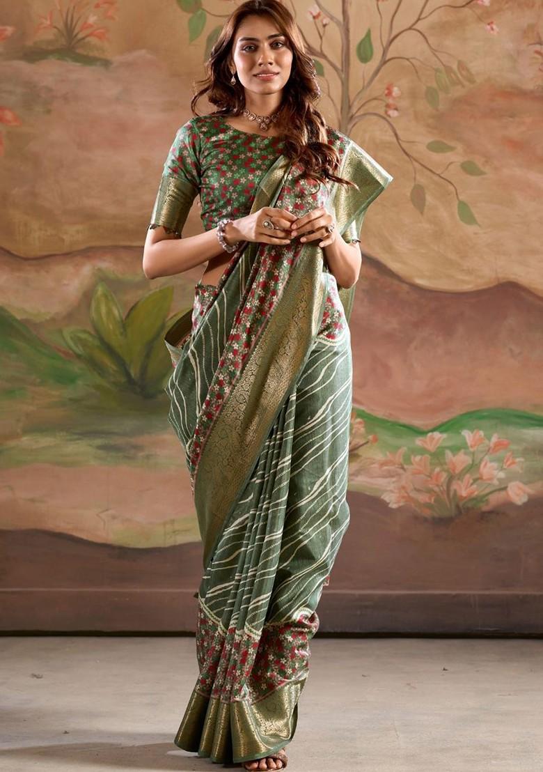 Green Embroidered Poly Blend Saree Set With Blouse