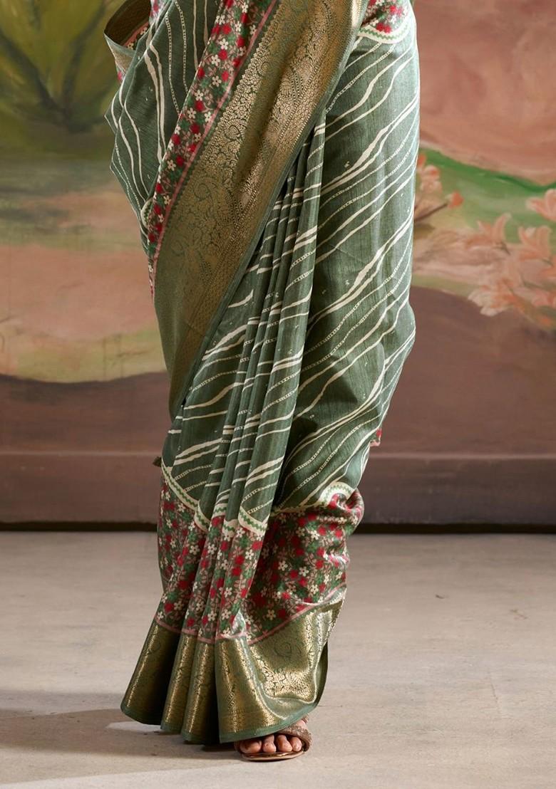 Green Embroidered Poly Blend Saree Set With Blouse