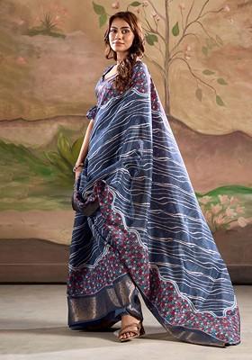 Blue Embroidered Poly Blend Saree Set With Blouse