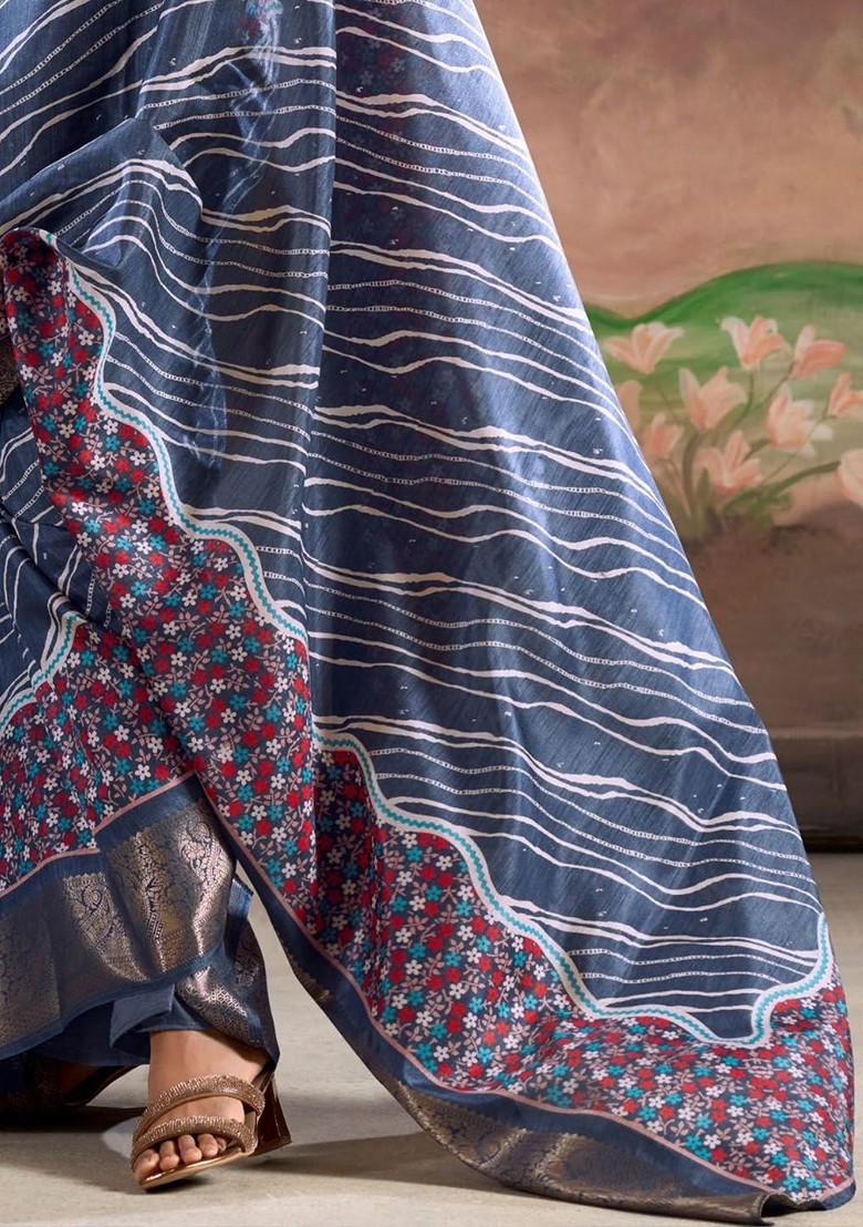 Blue Embroidered Poly Blend Saree Set With Blouse