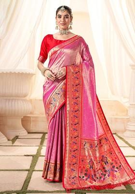 Pink Woven Design Poly Blend Saree Set With Blouse