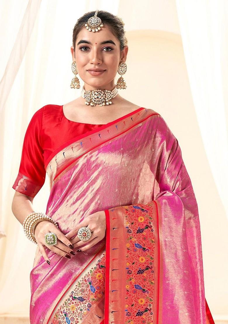 Pink Woven Design Poly Blend Saree Set With Blouse