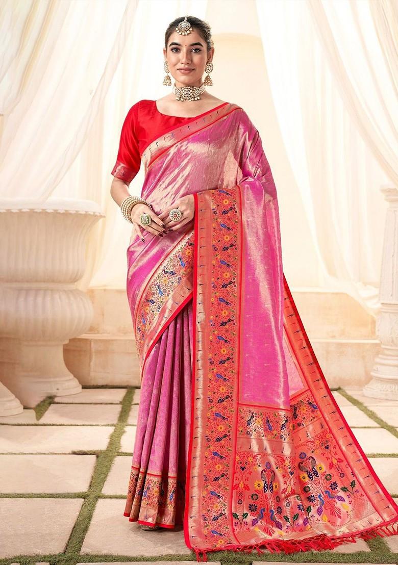 Pink Woven Design Poly Blend Saree Set With Blouse