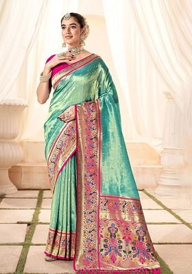 Turquoise Blue Woven Design Poly Blend Saree Set With Blouse