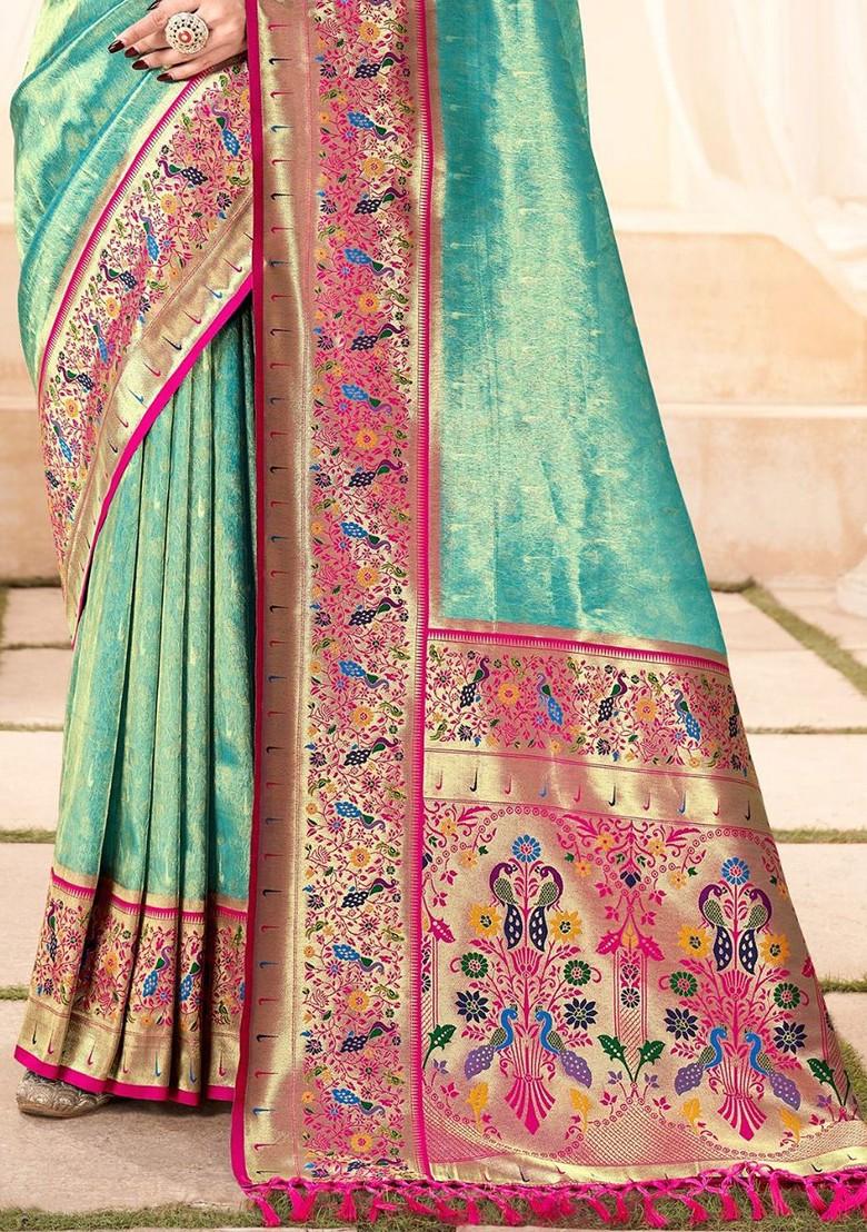 Turquoise Blue Woven Design Poly Blend Saree Set With Blouse