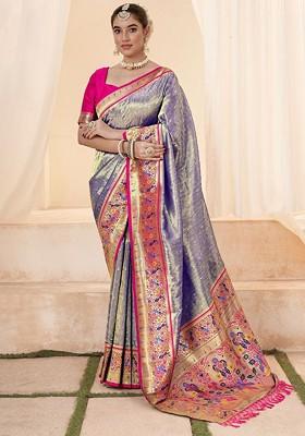 Blue Woven Design Poly Blend Saree Set With Blouse