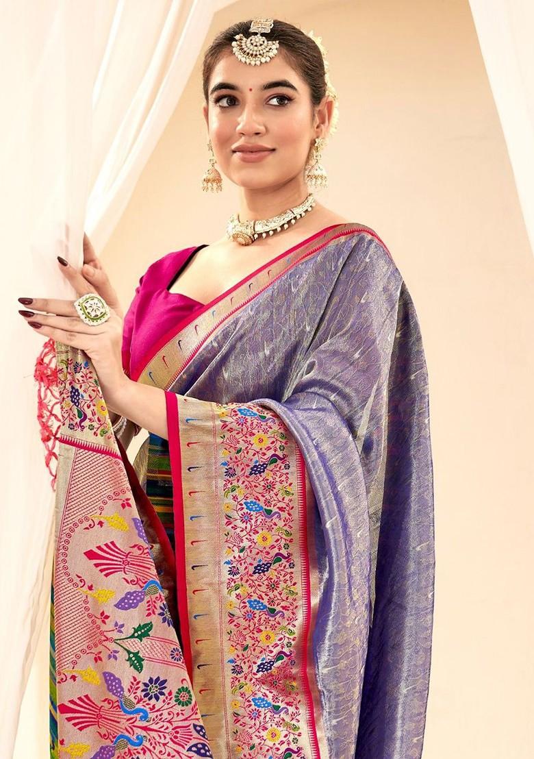 Blue Woven Design Poly Blend Saree Set With Blouse