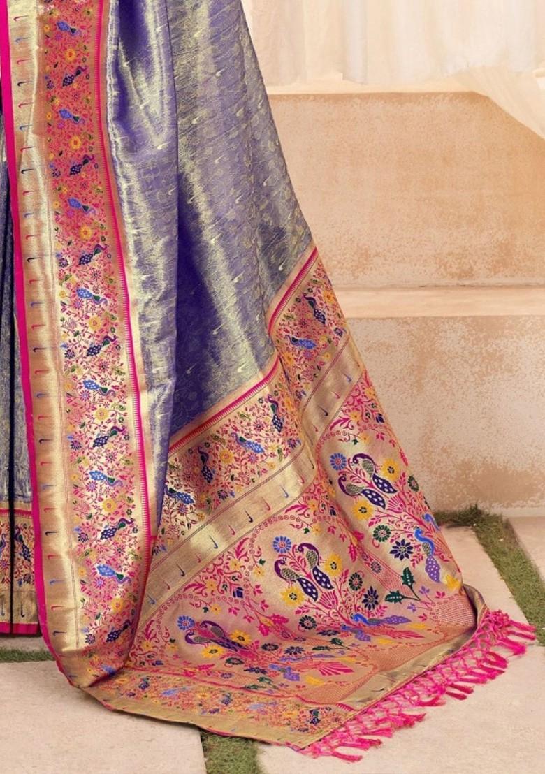 Blue Woven Design Poly Blend Saree Set With Blouse