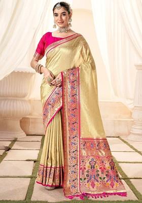 Beige Embroidered Poly Blend Saree Set With Blouse