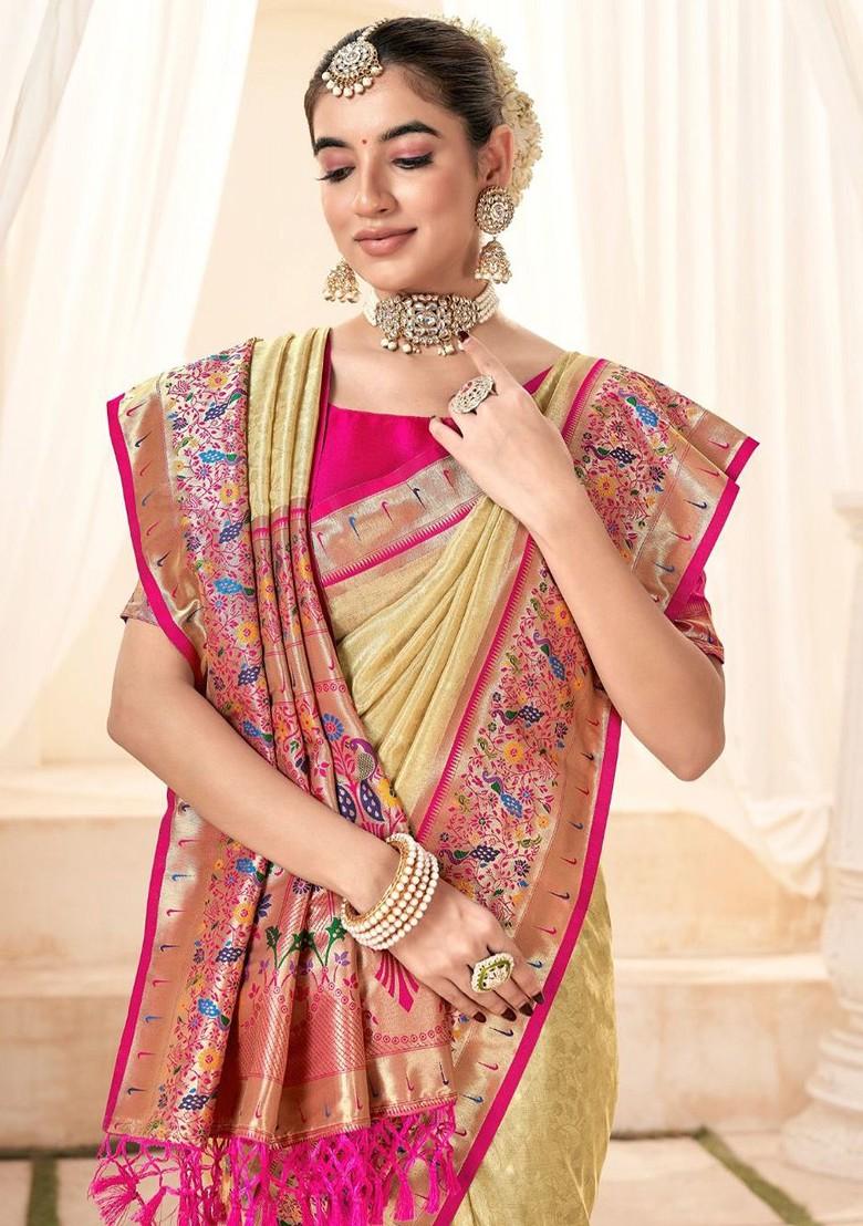 Beige Embroidered Poly Blend Saree Set With Blouse