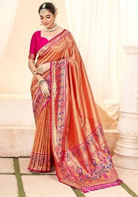Orange Embroidered Poly Blend Saree Set With Blouse