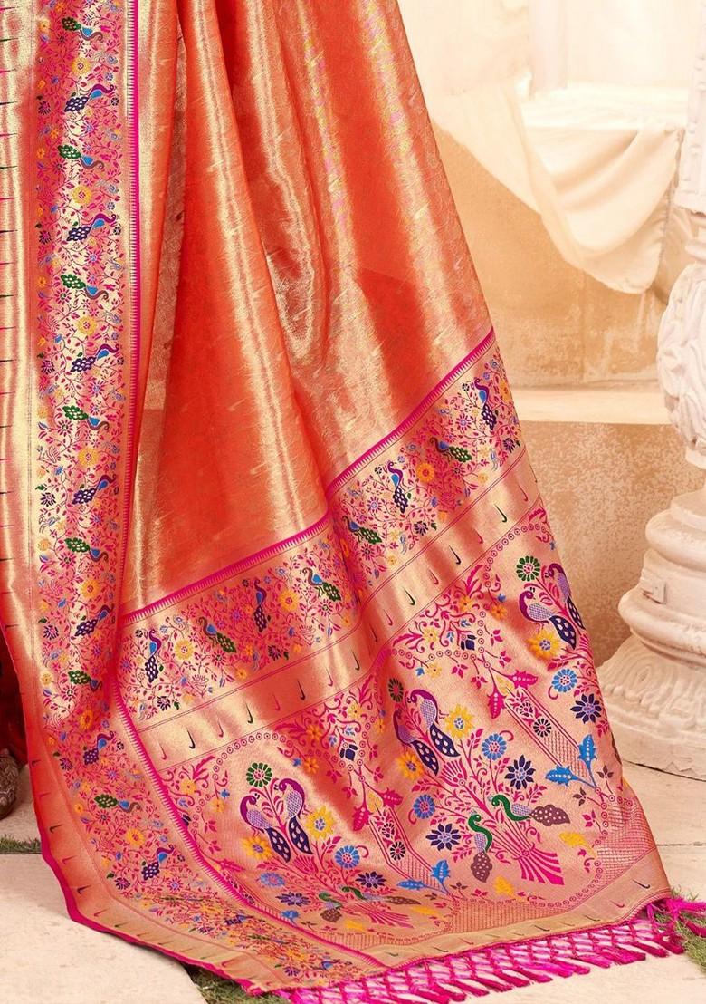Orange Embroidered Poly Blend Saree Set With Blouse