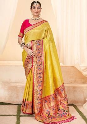 Yellow Embroidered Poly Blend Saree Set With Blouse