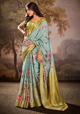 Blue Woven Design Poly Blend Saree Set With Blouse
