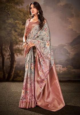 Grey Embroidered Poly Blend Saree Set With Blouse
