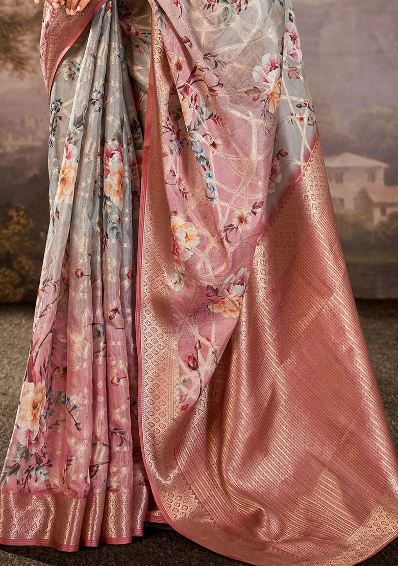 Grey Embroidered Poly Blend Saree Set With Blouse