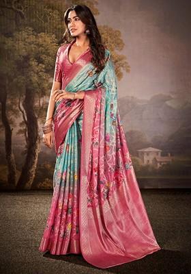 Blue Woven Design Poly Blend Saree Set With Blouse