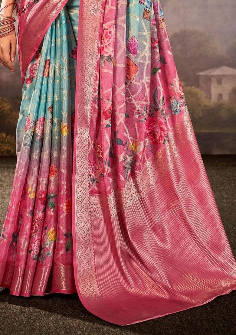 Blue Woven Design Poly Blend Saree Set With Blouse