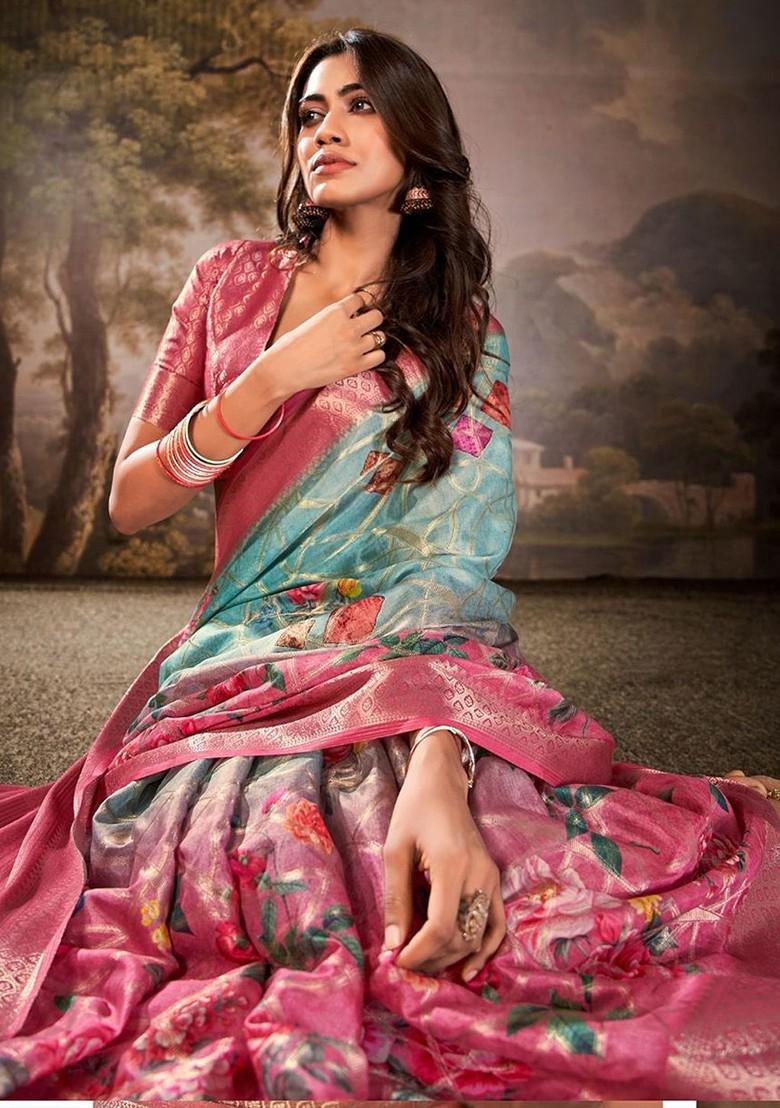 Blue Woven Design Poly Blend Saree Set With Blouse