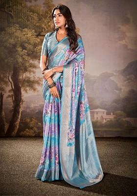 Blue Embroidered Poly Blend Saree Set With Blouse