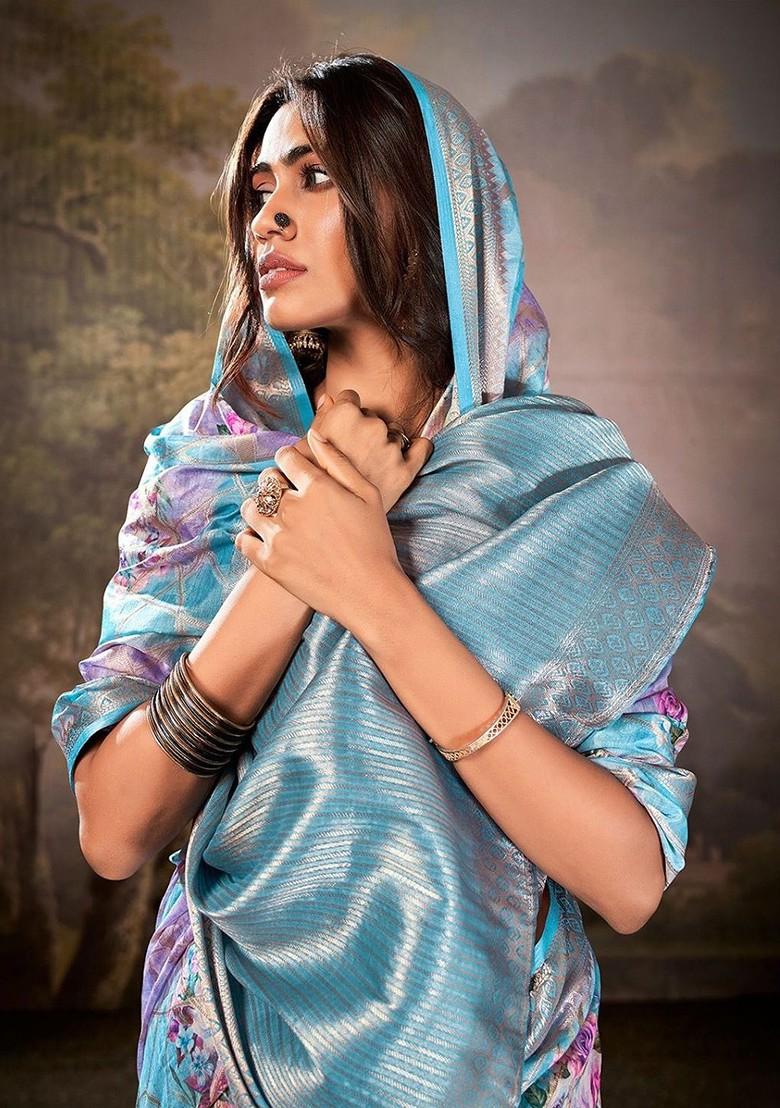 Blue Embroidered Poly Blend Saree Set With Blouse