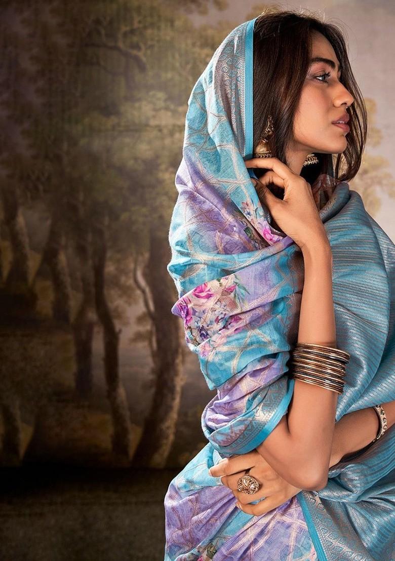 Blue Embroidered Poly Blend Saree Set With Blouse