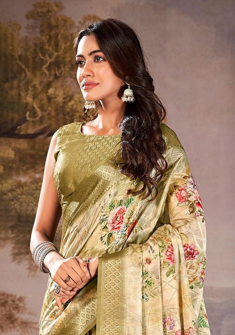 Green Embroidered Poly Blend Saree Set With Blouse