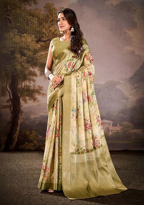 Green Embroidered Poly Blend Saree Set With Blouse