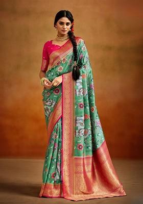 Blue Embroidered Poly Blend Saree Set With Blouse