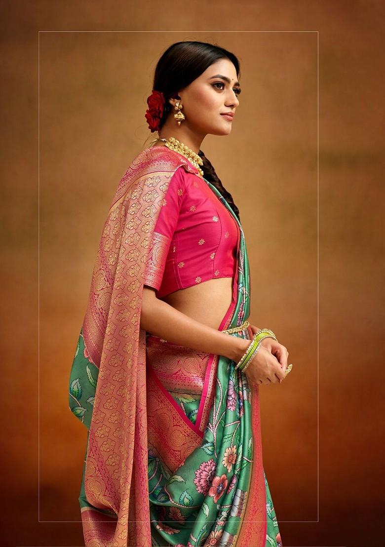 Blue Embroidered Poly Blend Saree Set With Blouse