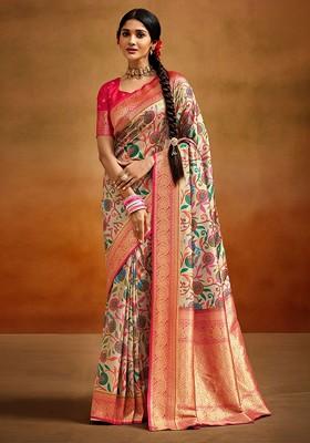 Red Embroidered Poly Blend Saree Set With Blouse
