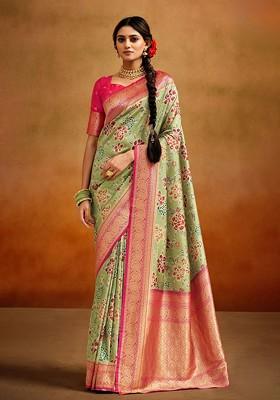 Green Embroidered Poly Blend Saree Set With Blouse