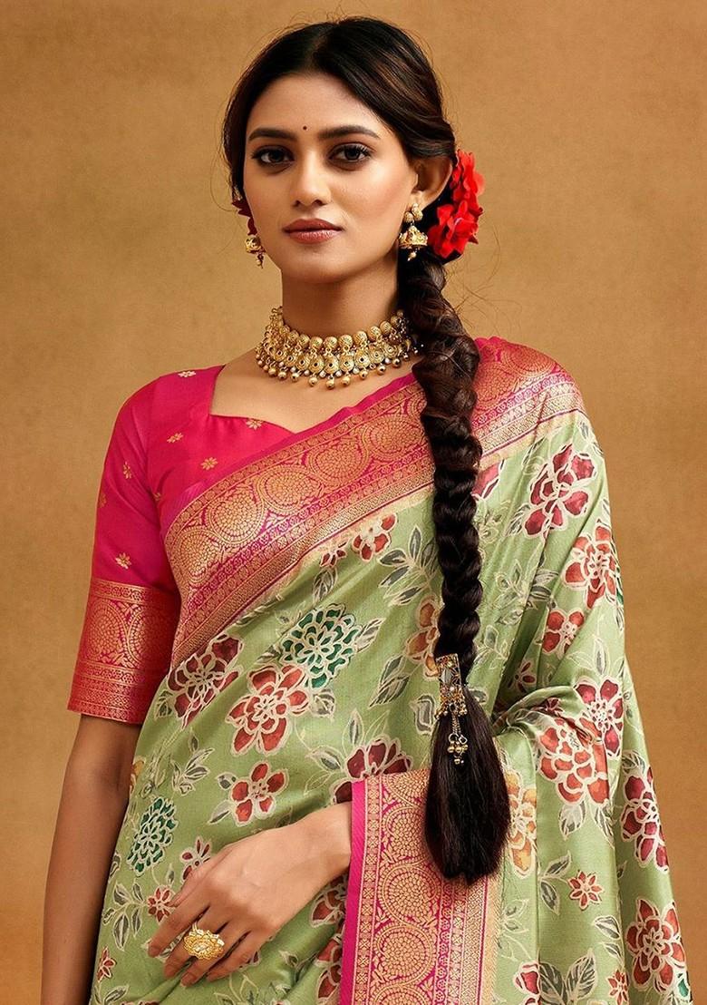 Green Embroidered Poly Blend Saree Set With Blouse