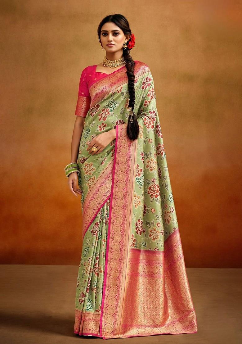 Green Embroidered Poly Blend Saree Set With Blouse