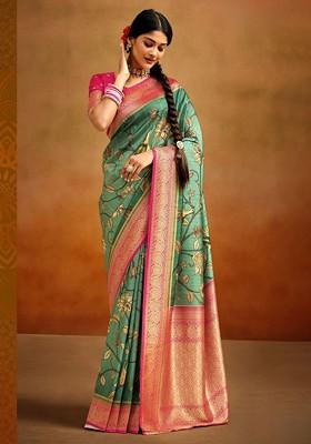 Green Woven Design Poly Blend Saree Set With Blouse