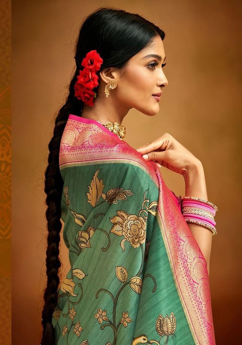 Green Woven Design Poly Blend Saree Set With Blouse