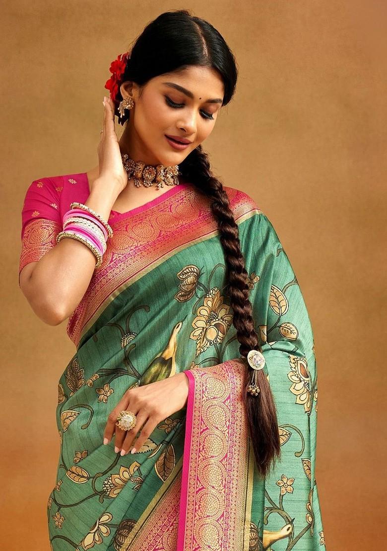 Green Woven Design Poly Blend Saree Set With Blouse