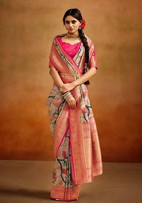 Pink Embroidered Poly Blend Saree Set With Blouse