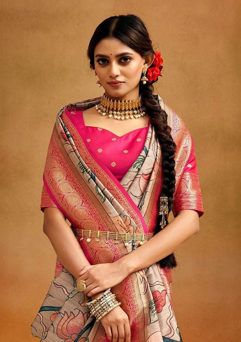 Pink Embroidered Poly Blend Saree Set With Blouse