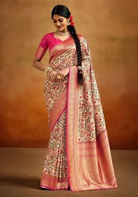 White Embroidered Poly Blend Saree Set With Blouse